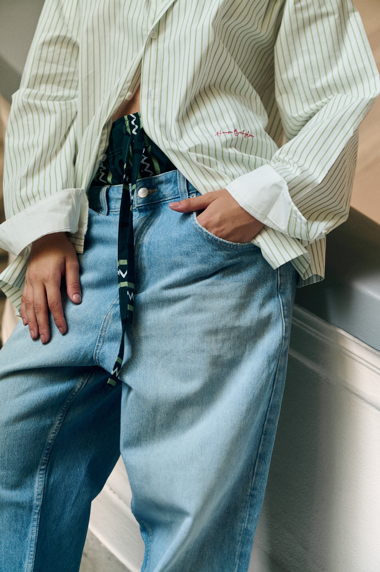 Pinstripe shirt- Laurel Green